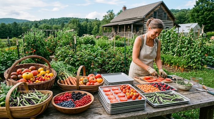 cutting up vegetables from the garden harvest