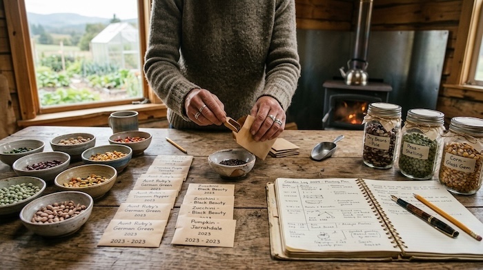 sorting vegetable seeds on a rustic table