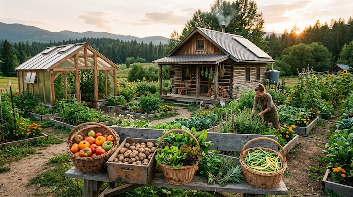 off grid cabin and garden, lady harvesting garden