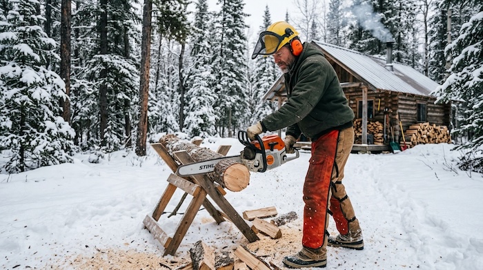 cutting firewood with safety gear on