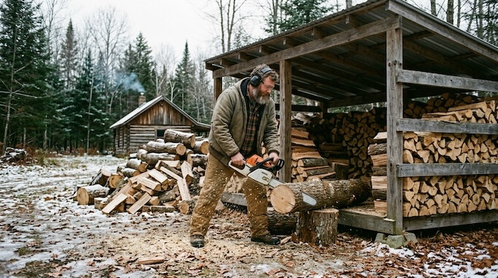 homesteader cutting firewood beside woodshed