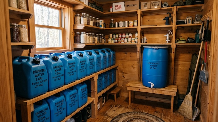 off grid cabin pantry with emergency drinking water