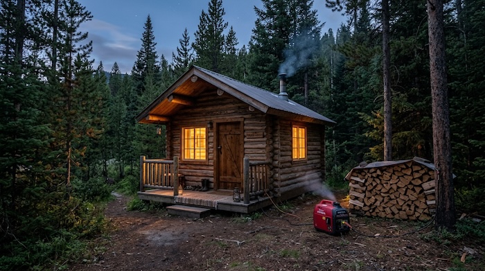 small log cabin in the forest with lights glowing inside
