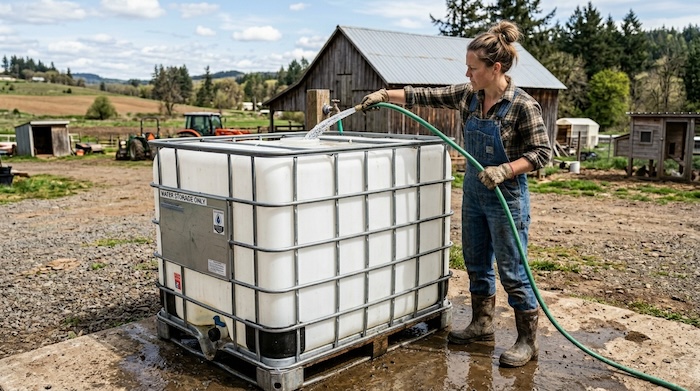 person cleaning ibc water container