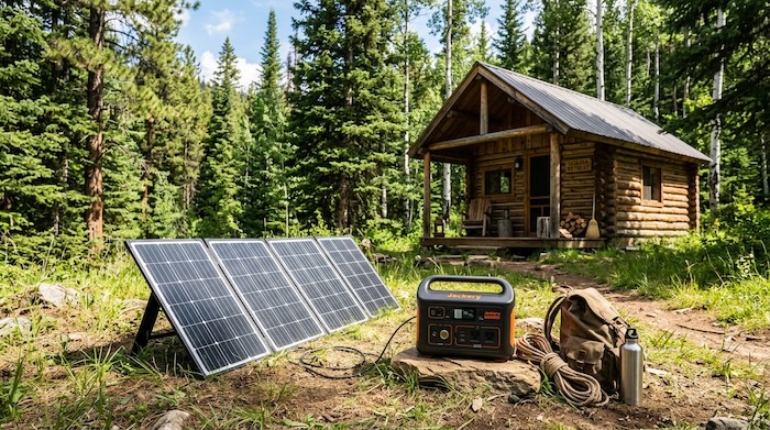 off grid cabin with solar panels being charged by a jackery generator