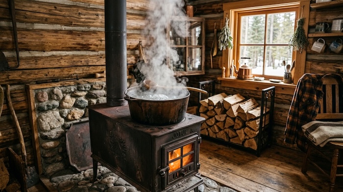water boiling on woodstove inside rustic cabin