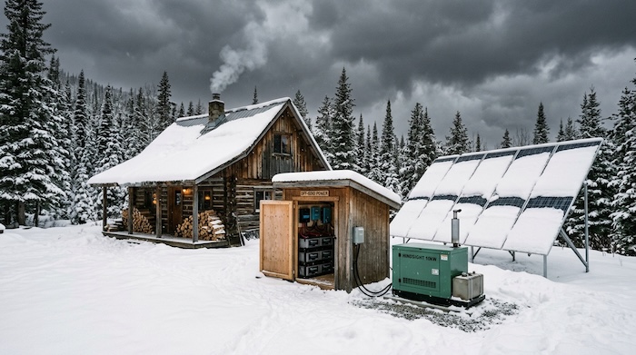 snow panels beside off grid cabin
