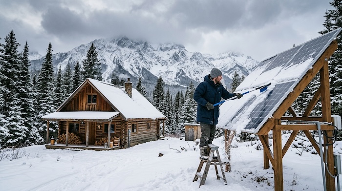 brushing snow off solar panels in winter
