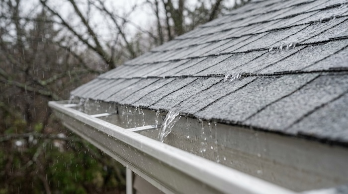 rain coming down roof into gutter