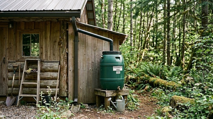 rainwater barrel setup for cabin