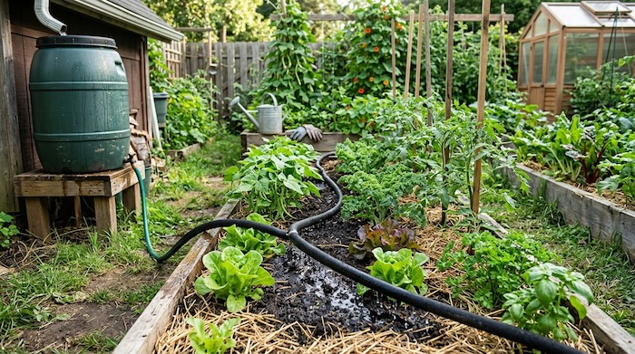 Soaker hose in vegetable garden
