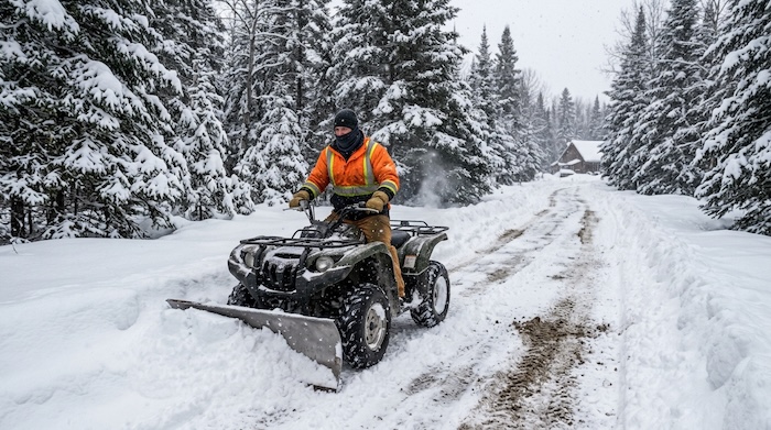 Clearing deep snow with an atv