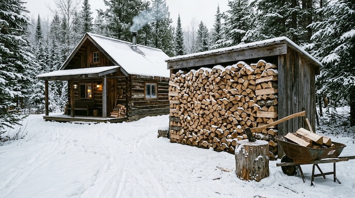 neat pile of firewood outside off grid cabin