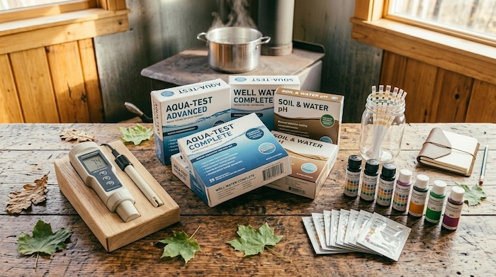 different water test kits on counter in off grid cabin