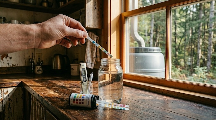 Cabin scene testing water with test strips 