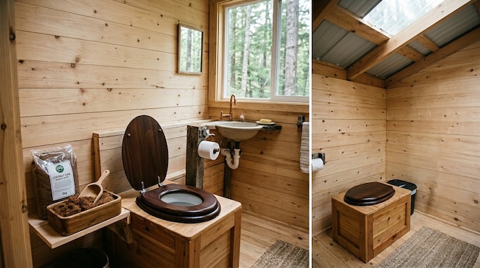 composting toilet in rustic bathroom