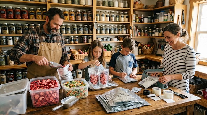 a family packaging freeze dried food in the kitchen