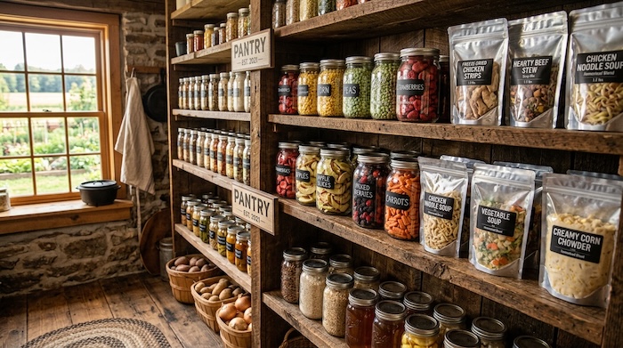 freeze dried foods on pantry shelves