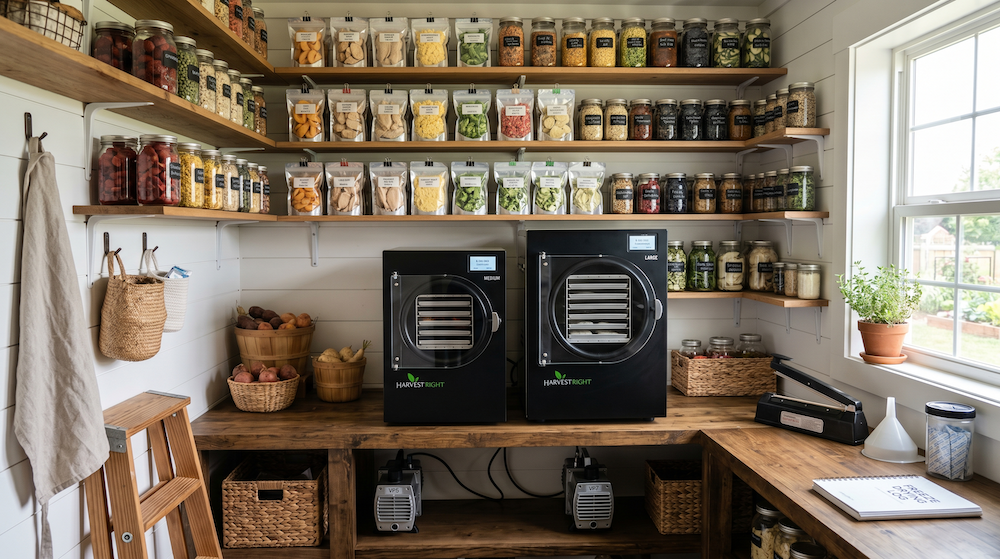 medium and small harvest right freeze dryer in pantry on shelf