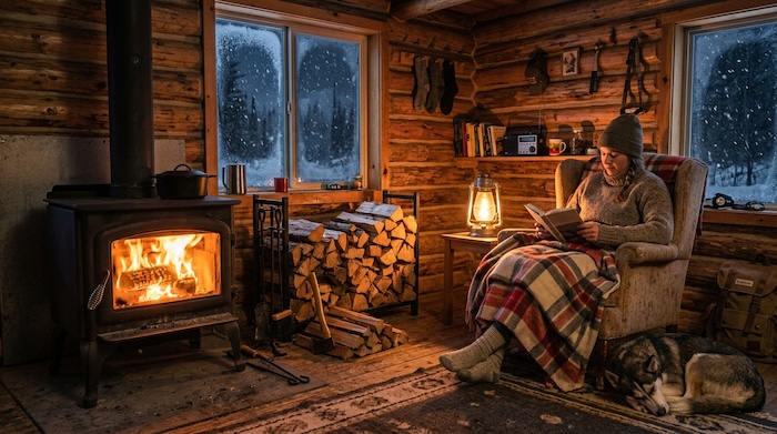 wood stove burning in off grid cabin
