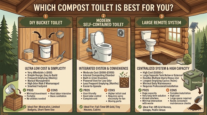 3 composting toilets for an off grid home