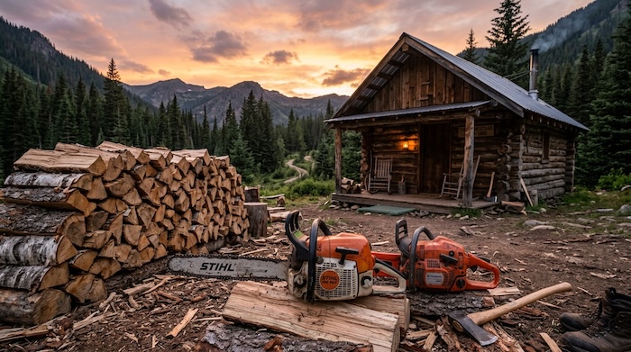 Two chainsaws sitting beside stacked split firewood outside a remote off-grid cabin
