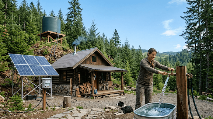 Off-grid cabin water system showing gravity-fed and pump-powered methods for creating water pressure without grid power.