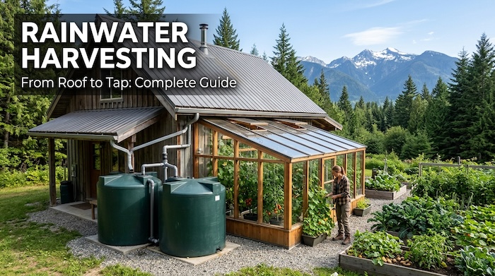 Rainwater harvesting system on an off-grid homestead with metal roof, storage tanks, greenhouse, and garden.