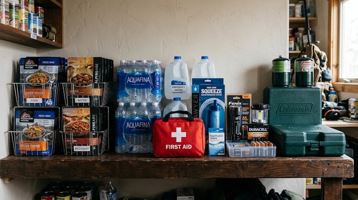 Emergency food storage supplies organized on pantry shelves.