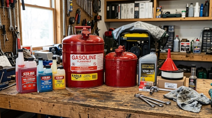 fuel stabilizer on work bench in shop