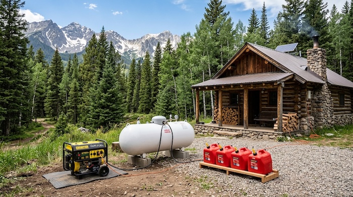 Dual-fuel generator with gasoline cans and propane tank at an off-grid cabin