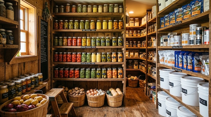 Organized homestead pantry with canned food, food storage buckets, and long-term food supplies on wooden shelves.