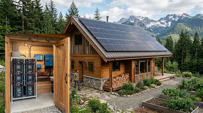 homestead with solar panels and battery storage