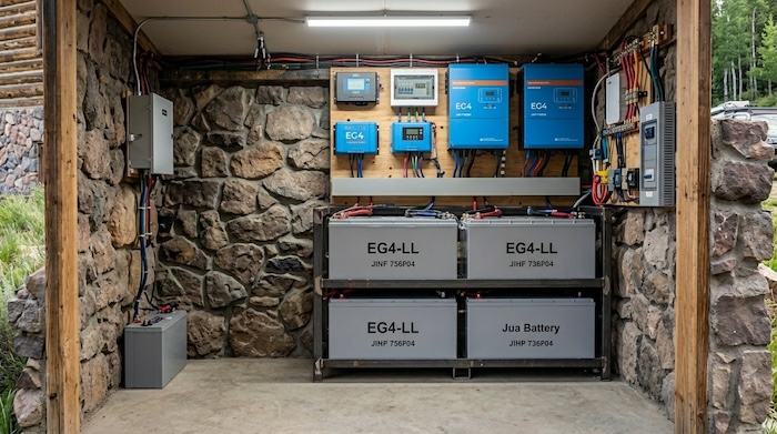 solar battery set up in off grid cabin utility room