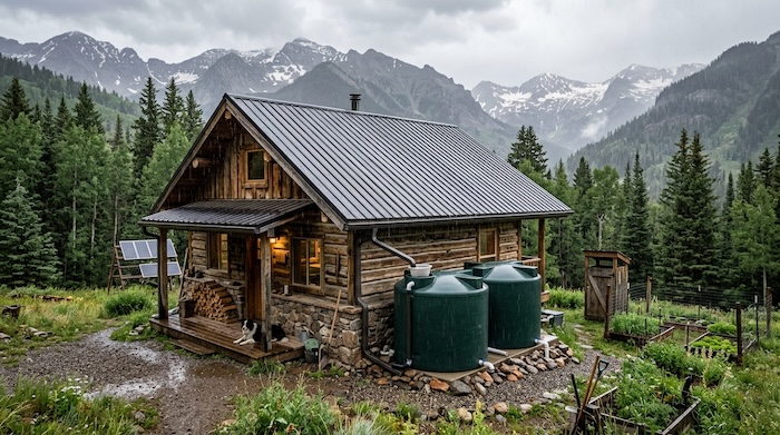 metal roof collecting rainwater into gutters and then water storage container