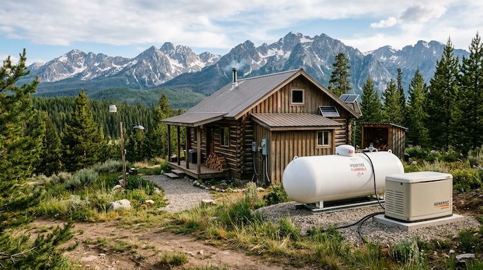 large propane tank beside off grid home
