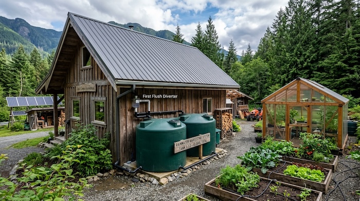 rainwater harvesting system on off-grid home