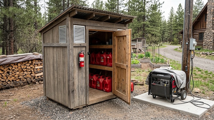 Gasoline tanks stored in shed with generator beside it