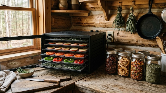 Apples, tomatoes, peppers and herbs being preserved in a food dehydrator