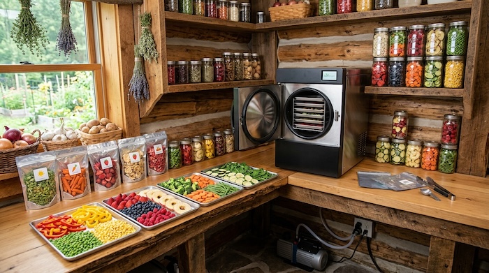 Freeze-dried garden vegetables and fruit prepared for long-term food storage.