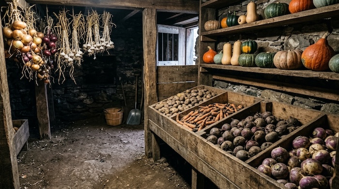 Root vegetables and winter squash stored in an off-grid root cellar for winter.