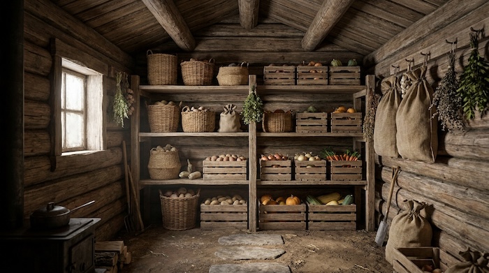 Small off-grid log cabin used for cool vegetable storage