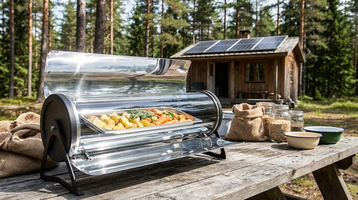 Cooking vegetables in a solar oven at an off-grid cabin