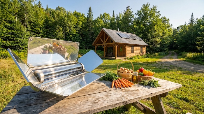 GoSun solar oven outside an off-grid cabin using sunlight for cooking