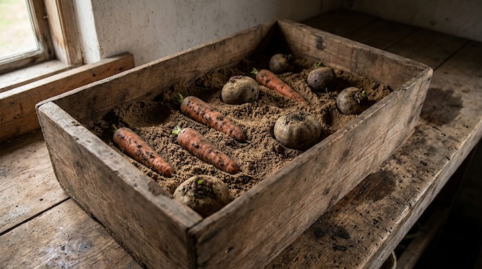 Carrots and beets packed in slightly damp sand for winter storage