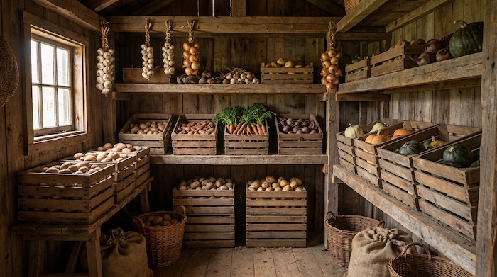 Vegetables stored in crates and baskets without a root cellar