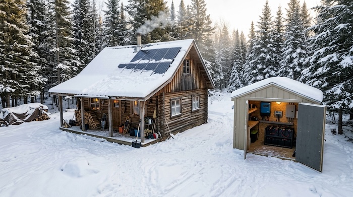 Off-grid cabin with solar panels and a battery storage system during a snowy Canadian winter.