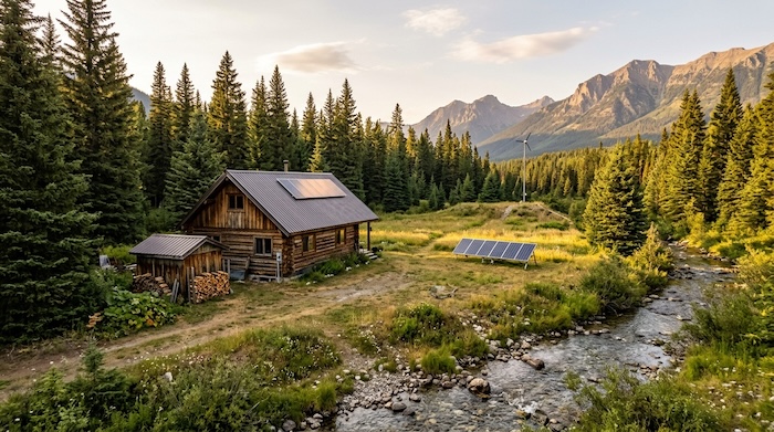 Rustic off-grid cabin with solar panels, a small wind turbine, and a creek for renewable electricity generation.
