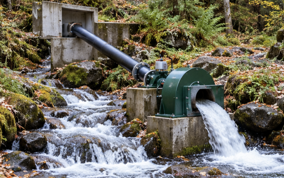 Small micro-hydro power system using flowing creek water to generate electricity