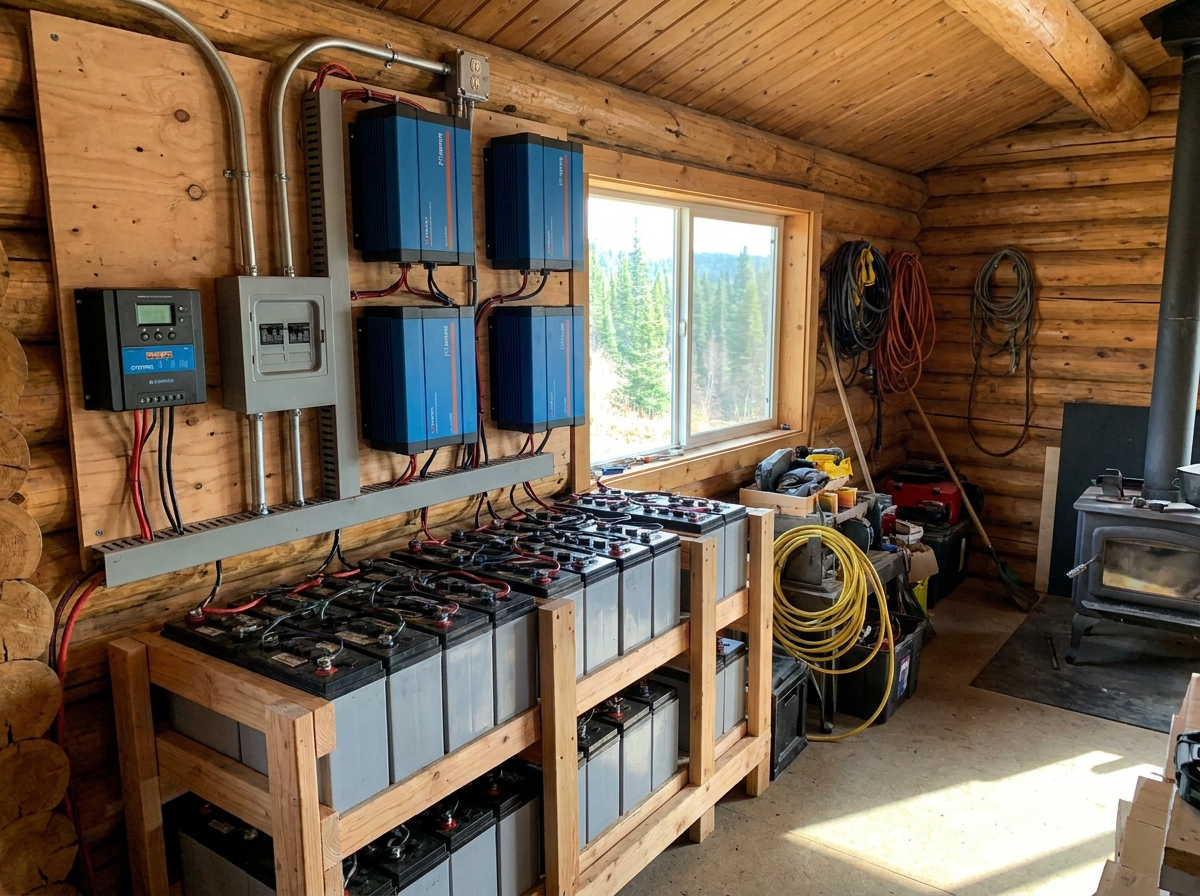 Off-grid solar battery bank and inverter system installed inside a cabin